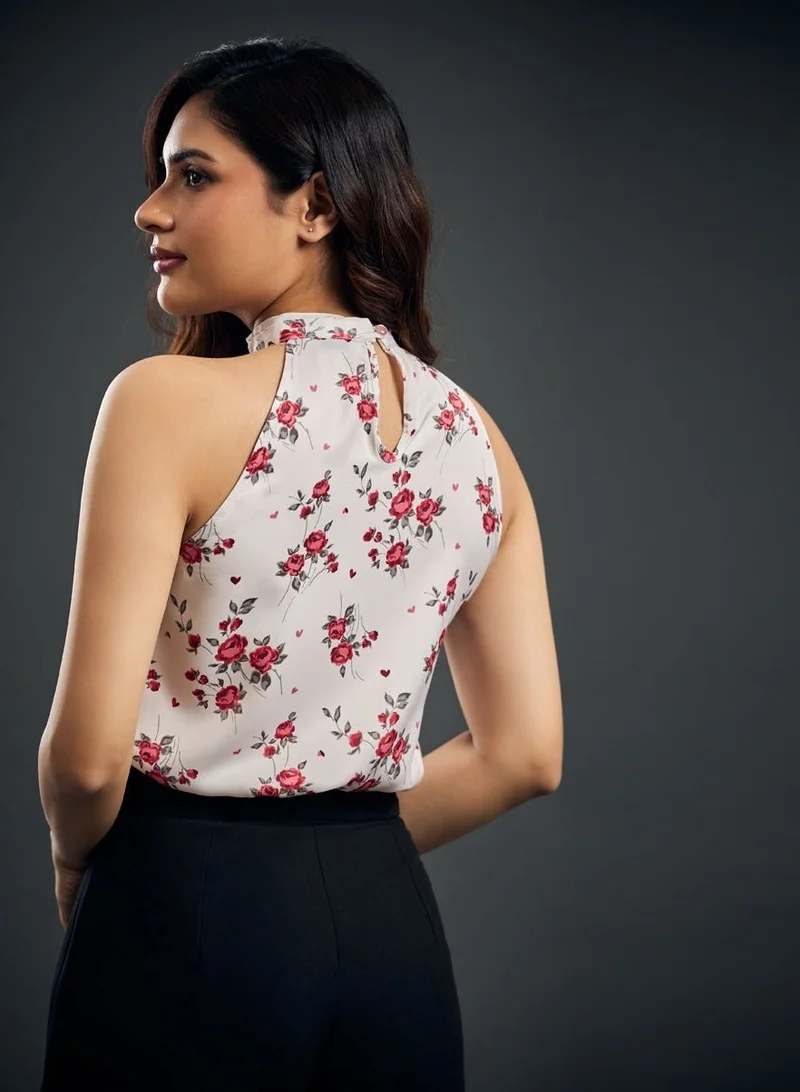 Zigzag Neck Pleated Rose Printed Satin Halter Neck Top